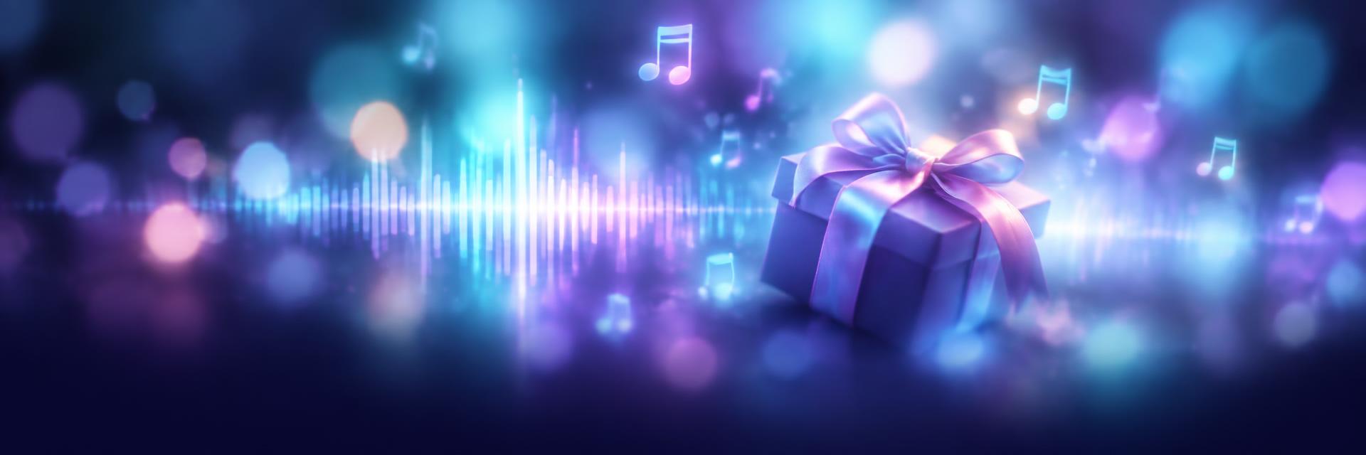 A glowing music waveform and a gift box with a ribbon