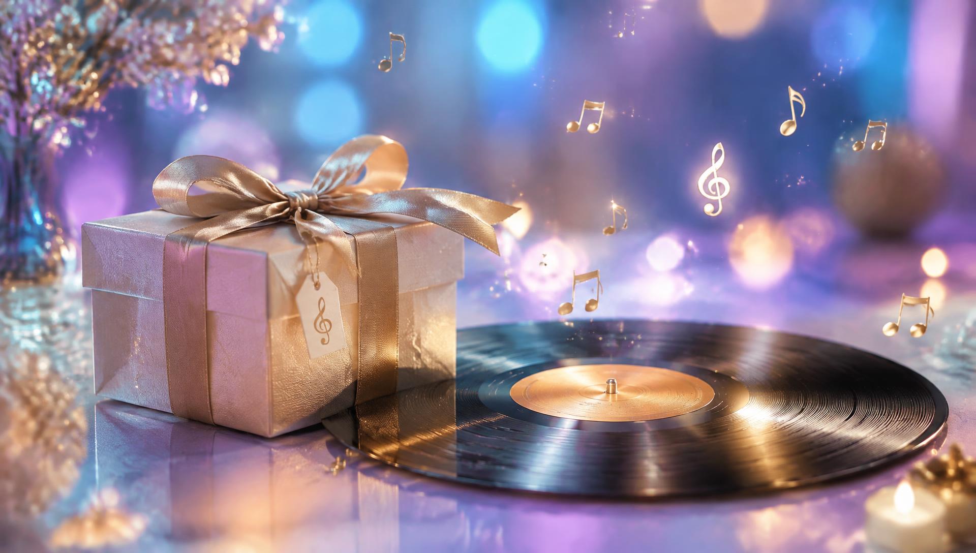 Custom song gift: a wrapped gift box with a ribbon beside a vinyl record and floating music notes